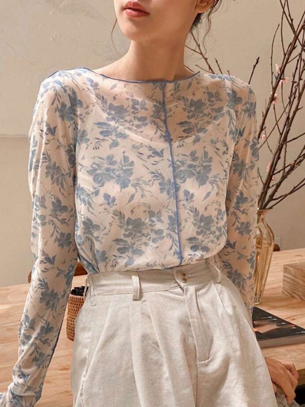 Sheer Floral Long-Sleeve Top in Cream and Light Blue
